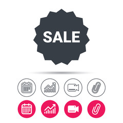Sale icon. Special offer star symbol. Statistics chart, calendar and video camera signs. Attachment clip web icons. Vector