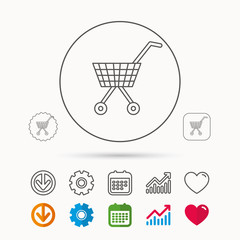 Shopping cart icon. Market buying sign. Calendar, Graph chart and Cogwheel signs. Download and Heart love linear web icons. Vector