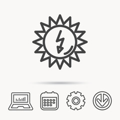 Solar energy icon. Ecological resources sign. Notebook, Calendar and Cogwheel signs. Download arrow web icon. Vector