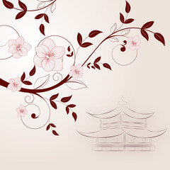 Vintage floral background with birds in the Japanese style.