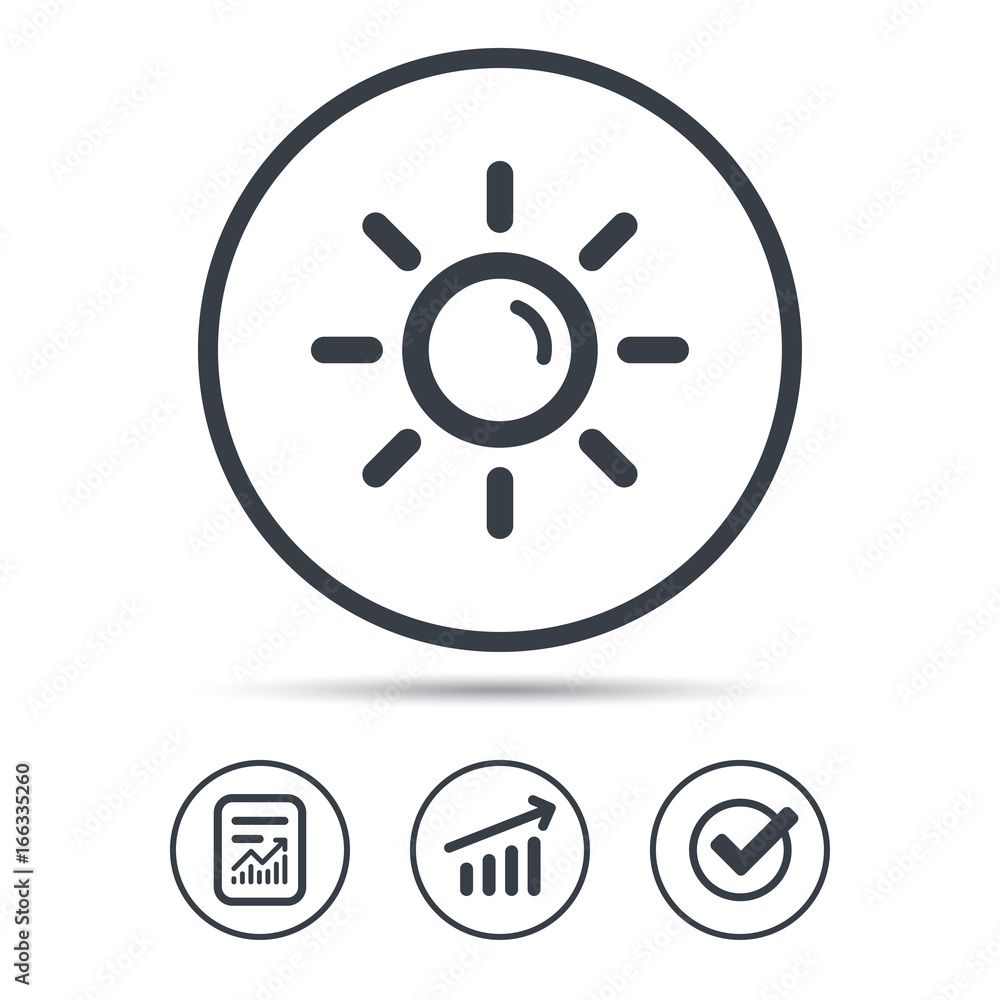 Poster sun icon. sunny weather symbol. report document, graph chart and check signs. circle web buttons. ve