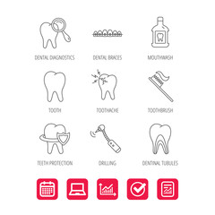 Tooth, dental braces and mouthwash icons. Diagnostics, toothbrush and toothache linear signs. Dentinal tubules, protection flat line icons. Report document, Graph chart and Calendar signs. Vector