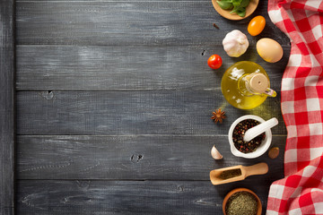 spice, herbs and food ingredients on wood