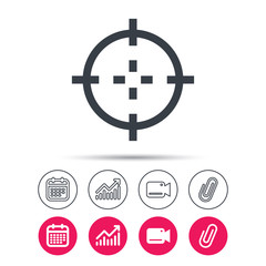 Target icon. Crosshair aim symbol. Statistics chart, calendar and video camera signs. Attachment clip web icons. Vector