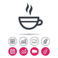 Tea cup icon. Hot coffee drink symbol. Statistics chart, calendar and video camera signs. Attachment clip web icons. Vector