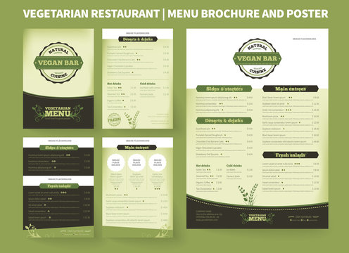 Restaurant menu brochure template. Vector design, modern cover layout for posters and flyers. Professional design with hand-drawn elements for bifold brochure to vegetarian restaurant price list.