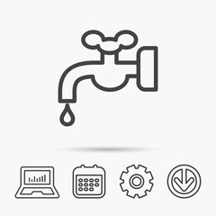 Water supply icon. Crane or Faucet with drop sign. Notebook, Calendar and Cogwheel signs. Download arrow web icon. Vector