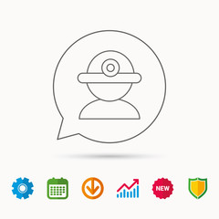 Worker icon. Engineering helmet sign. Calendar, Graph chart and Cogwheel signs. Download and Shield web icons. Vector