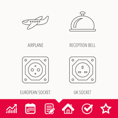 Air-plane, european socket and reception bell icons. UK socket linear sign. Edit document, Calendar and Graph chart signs. Star, Check and House web icons. Vector
