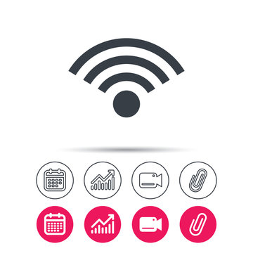 Wifi icon. Wireless internet sign. Communication technology symbol. Statistics chart, calendar and video camera signs. Attachment clip web icons. Vector