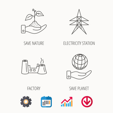 Save nature, planet and factory icons. Electricity station linear sign. Calendar, Graph chart and Cogwheel signs. Download colored web icon. Vector