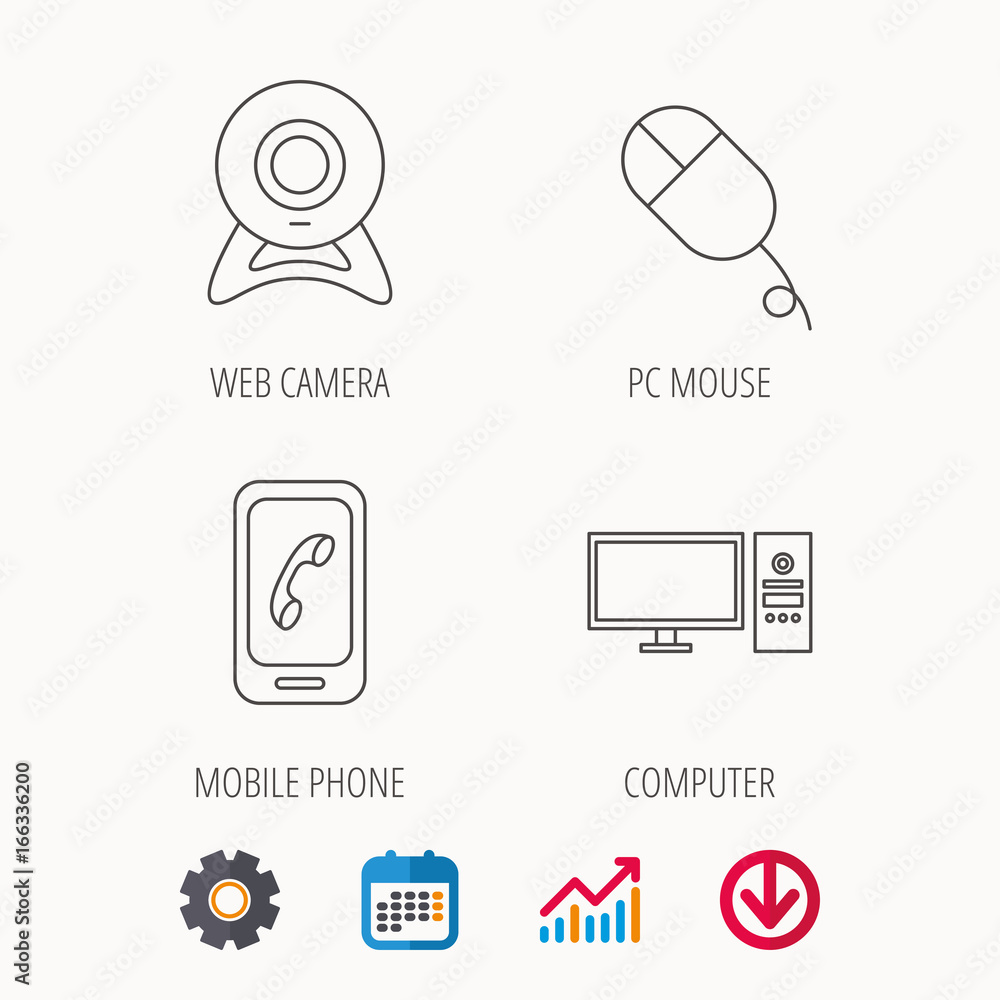 Poster computer, web camera and mobile phone icons. pc case linear sign. calendar, graph chart and cogwheel