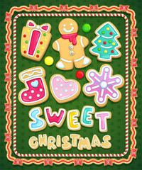Sweet Christmas cookies set. Vector illustration homemade holiday baking. Gingerbread Man, gift box, snowflake, sock, Christmas tree, heart and sweets on a green background with a frame lollipop