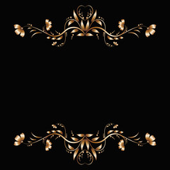 Gold border with a brilliant floral pattern on a black background for congratulations, decoration of banners or promotional offers
