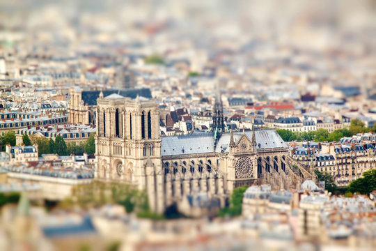 Fototapeta Aerial view of Notre-Dame de Paris. Miniature tilt shift lens effect