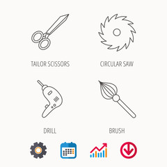 Scissors, drill and repair tools icons. Circular saw and brush linear signs. Calendar, Graph chart and Cogwheel signs. Download colored web icon. Vector