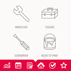 Wrench key, screwdriver and paint bucket icons. Toolbox linear sign. Edit document, Calendar and Graph chart signs. Star, Check and House web icons. Vector