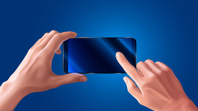 Hand holding mobile smart phone and touching screen on blue background, mock up black smartphone in hand. photography. landscape or horizontal view. VECTOR.