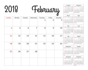 Simple calendar planner for 2018 year. Vector design February template. Set of 12 months. Week starts sunday. Calendar planning week.