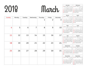Simple calendar planner for 2018 year. Vector design March template. Set of 12 months. Week starts sunday. Calendar planning week.