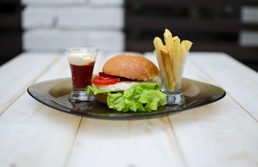 Fresh burger. Burger on the light background.