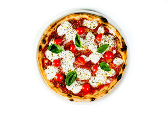 Delicious italian pizza with cheese and fresh tomatoes on white background