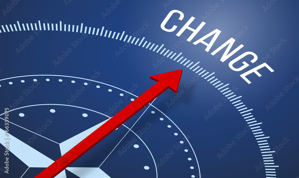 Poster 3d rendering of a compass with a change icon.