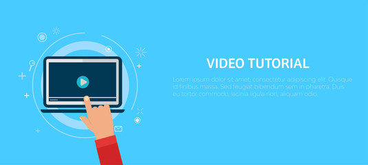 Video tutorial banner. Hand pressing a computer - obrazy, fototapety, plakaty