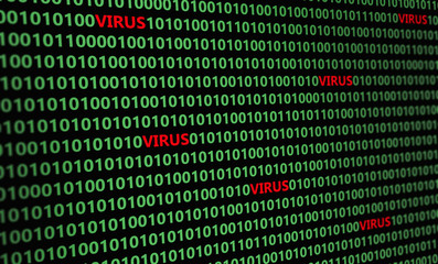 Closeup of binary code infected by computer virus.