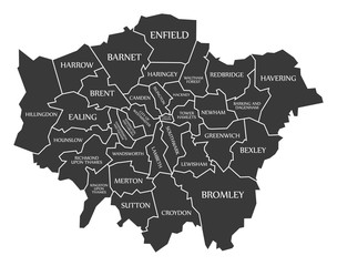 Greater London administrative area England UK black map with white labels illustration