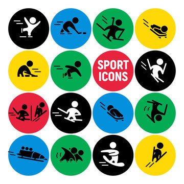 Vector flat simple winter sports athlete icons, human figures on round colored backdrops.