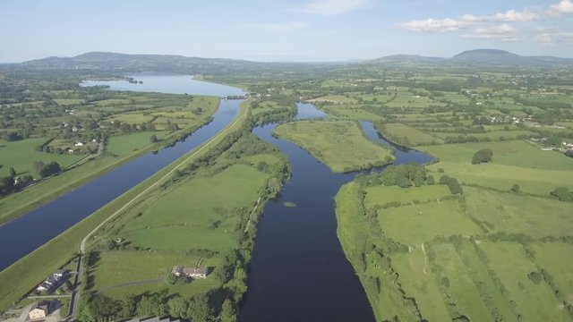 Aerial view O'Brien's Bridge or O'Briensbridge. A scenic village in east County Clare, Ireland, on the west bank of the River Shannon.