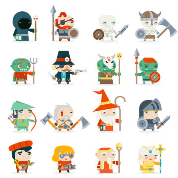 Fantasy RPG Game Heroes Villains Minions Character Vector Icons Set Flat Design Vector Illustration