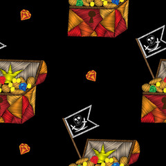 Seamless pattern with pirate trunk with treasure and pirates flag embroidery stitches imitation