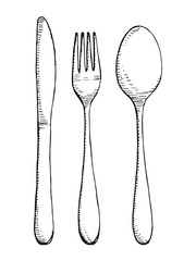 Fork spoon and knife vector set isolated. Cutlery hand drawing illustration
