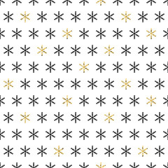 Golden snowflakes on white background. Merry Christmas holiday and Happy New Year celebration. Season abstract seamless pattern. Vector illustration. Winter theme. Wrapping snowflakes decoration.