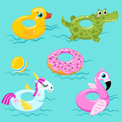 flamingo lifebuoys, duck, unicorn and crocodile lifebuoys on swimming pool background. Vector illustration