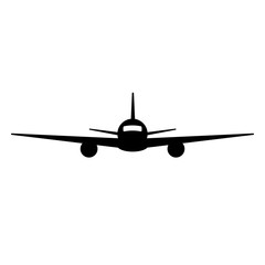 Black isolated silhouette of airplane on white background. Front view of aeroplane.