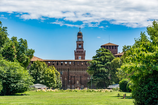 Sforza Castle - Castello Sforzesco, view from Parco Sempione - Sempione Park, Milan, Italy