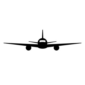 Black isolated silhouette of airplane on white background. Front view of aeroplane.