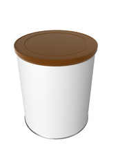 3D realistic render of Round white tin can with brown plastic lid, Container for tea, coffee, sugar, candy, food, spice or paint. Realistic packaging mock up template with clipping path.