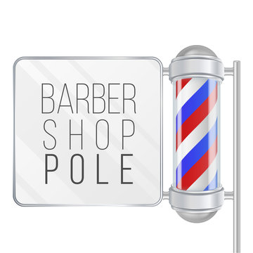 Barber Shop Pole Vector. 3D Classic Barber Shop Pole. Red, Blue, White Stripes. Isolated On White Illustration