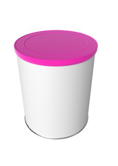 3D realistic render of Round white tin can with pink plastic lid, Container for tea, coffee, sugar, candy, food, spice or paint. Realistic packaging mock up template with clipping path.