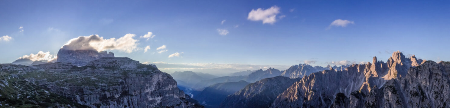 Croda dei Toni at the Cadini Mountains valley, view from the three peaks in the Dolomites at sunrise