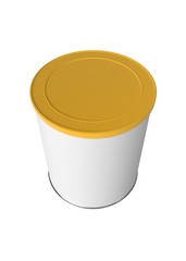 3D realistic render of Round white tin can with orange plastic lid, Container for tea, coffee, sugar, candy, food, spice or paint. Realistic packaging mock up template with clipping path.