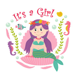 card with mermaid sits in the seashell -  vector illustration, eps

