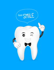 Cute cartoon tooth character smiling.  Keep smile,  great for dental care concept. Illustration isolated on blue background.