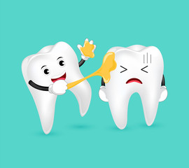 Some sweets sticked on funny cartoon tooth character. Dental care concept. Illustration isolated on green background.