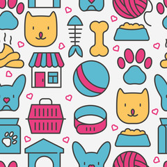 Pet care seamless pattern with thin line icons of dog, cat, accessories, food, toys. Vector illustration for banner or web page for vet clinic, pet shop or shelter.