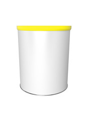 3D realistic render of Round white tin can with yellow plastic lid, Container for tea, coffee, sugar, candy, food, spice or paint. Realistic packaging mock up template with clipping path.